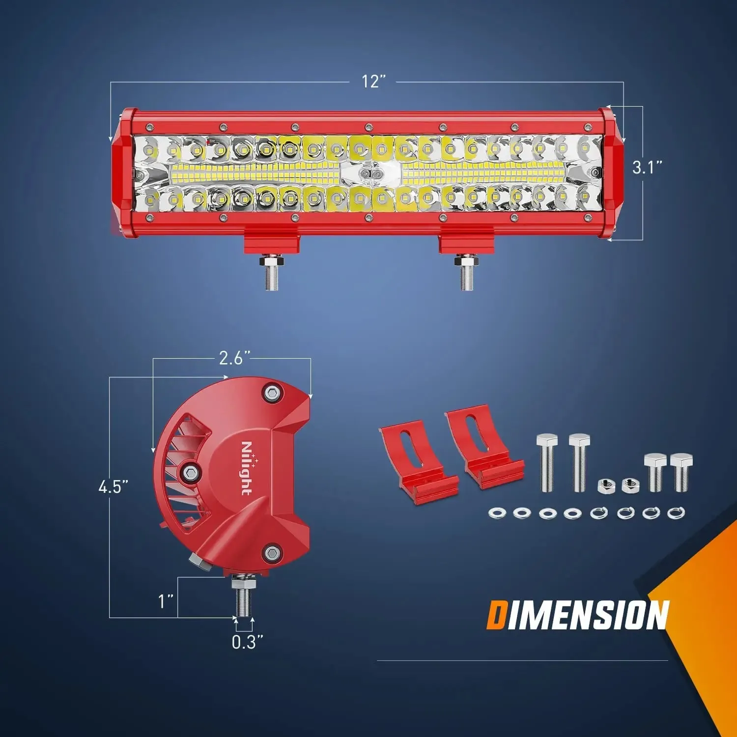12 Inch 300W Triple Row Red Case Spot/Flood LED Light Bars | 16AWG Wire 3Pin Switch