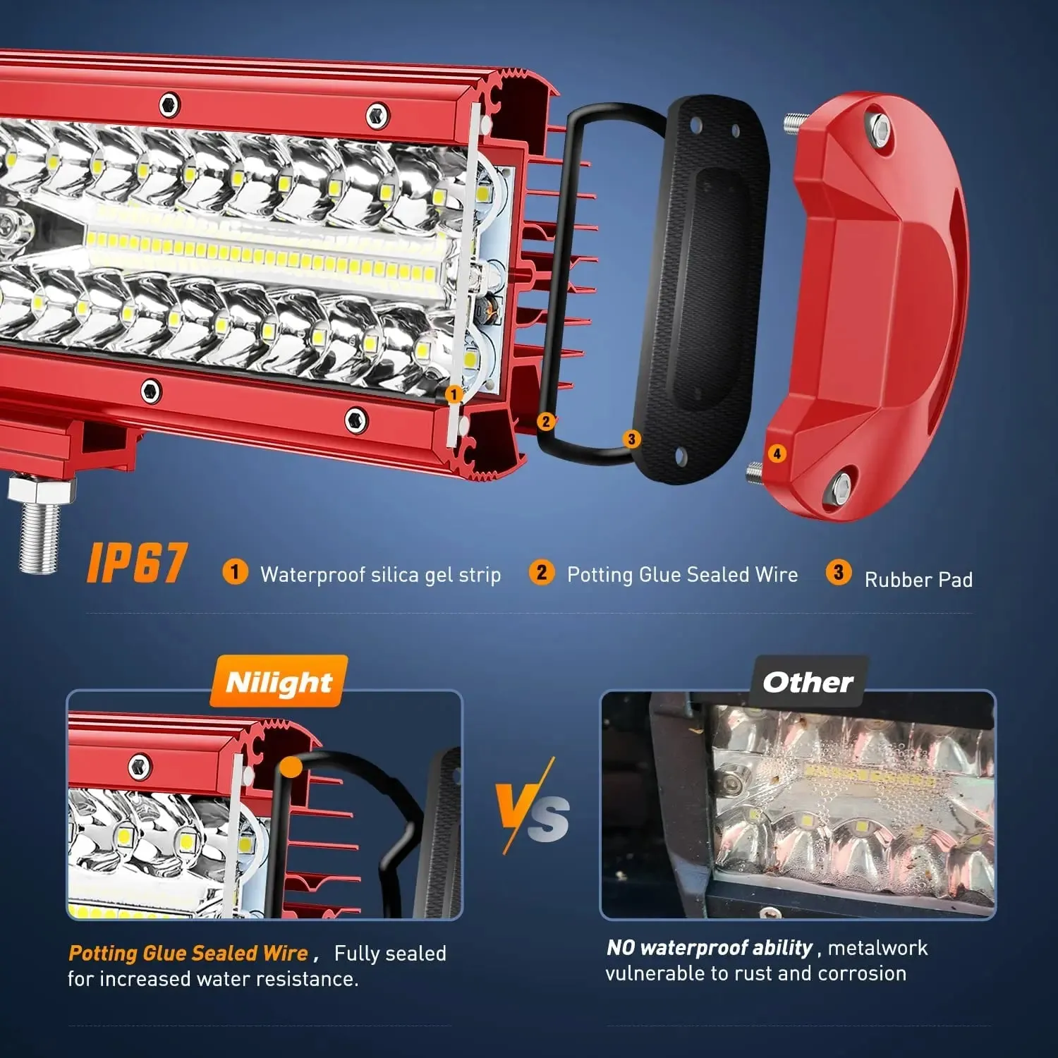 12 Inch 300W Triple Row Red Case Spot/Flood LED Light Bars | 16AWG Wire 3Pin Switch