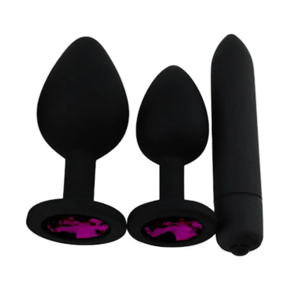 3 Sizes Purple Jeweled Black Silicone Plug