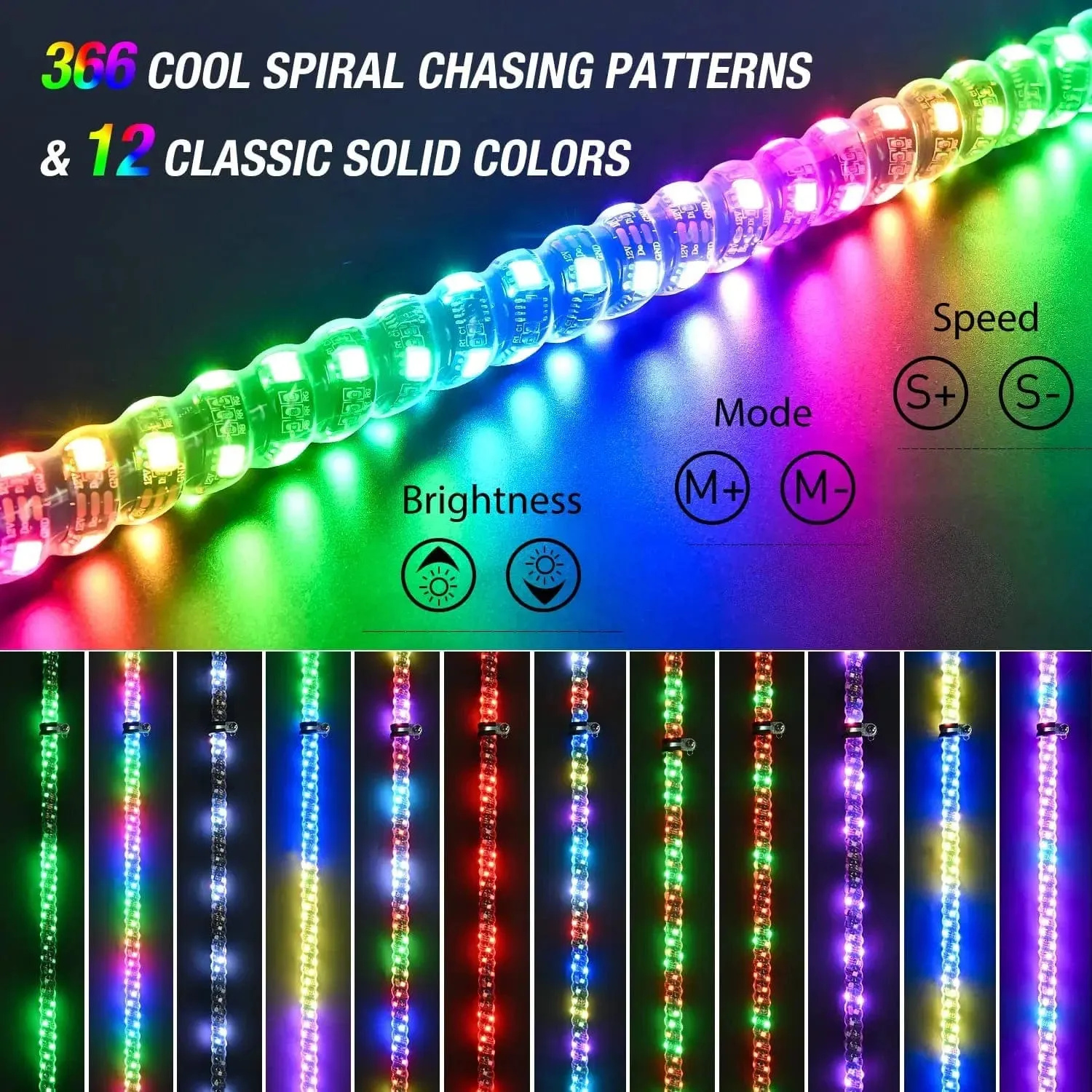 4FT Spiral Antenna Led Whip Light RF Remote Control | 8.6FT Wire 5Pin Switch