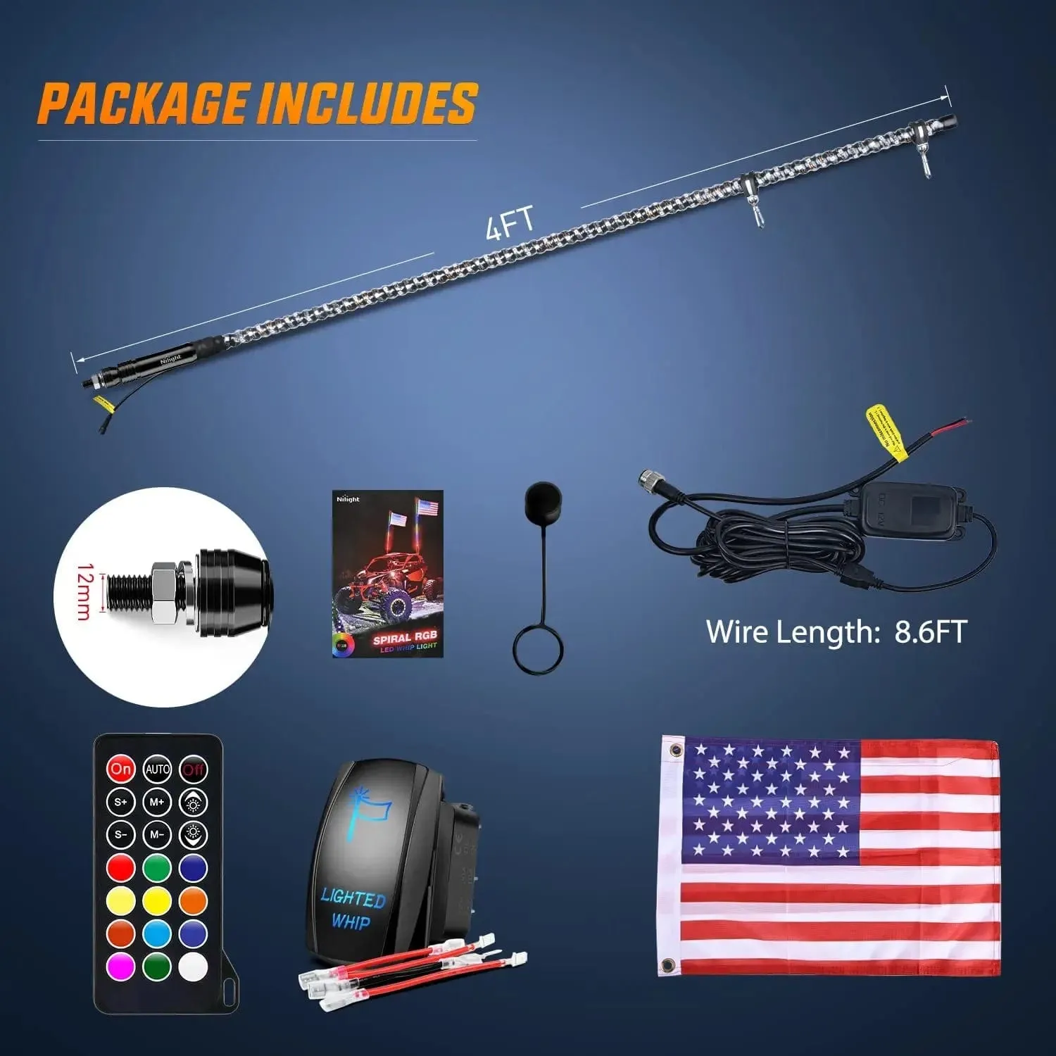 4FT Spiral Antenna Led Whip Light RF Remote Control | 8.6FT Wire 5Pin Switch