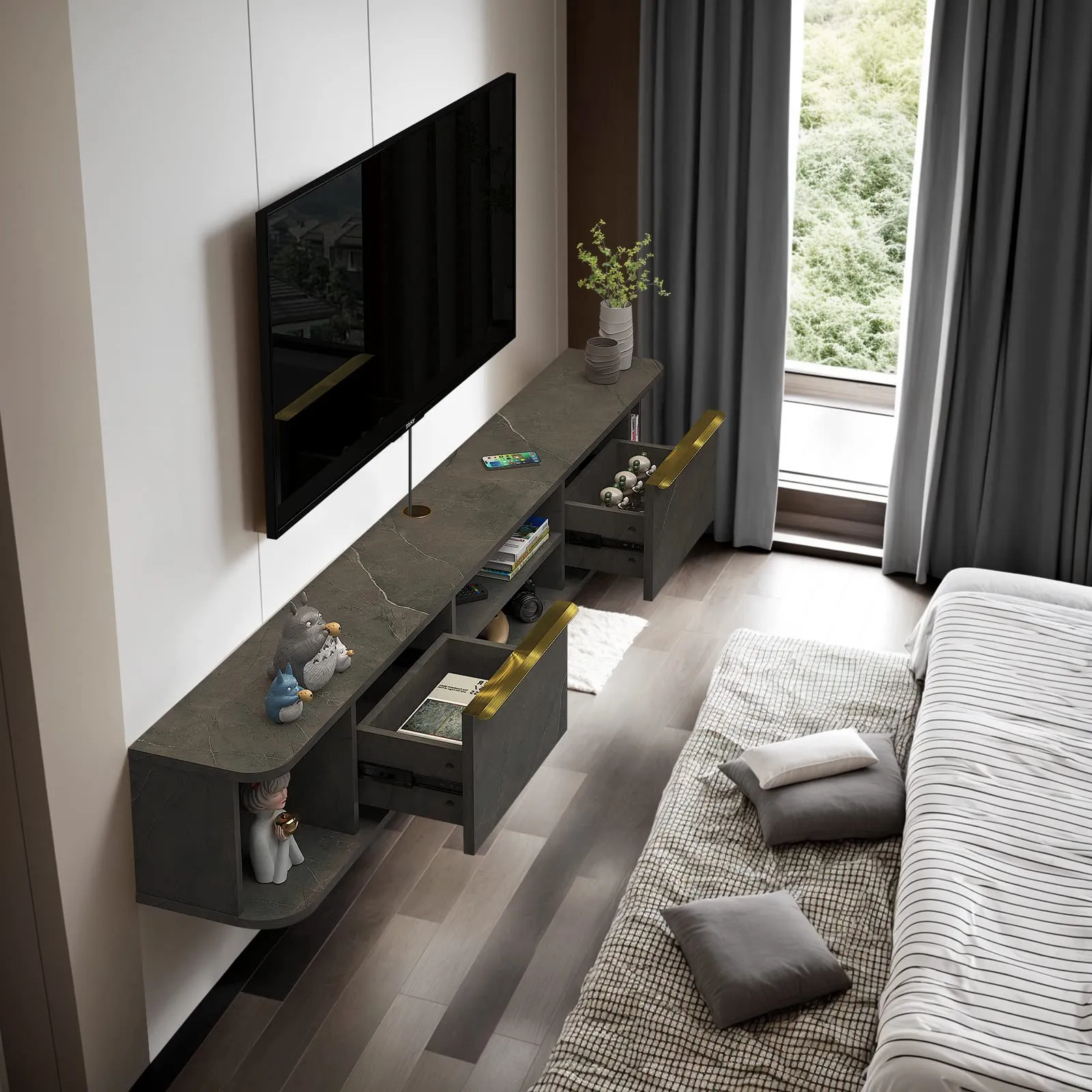 63" Arrangio Floating TV Stand, Marble Grey