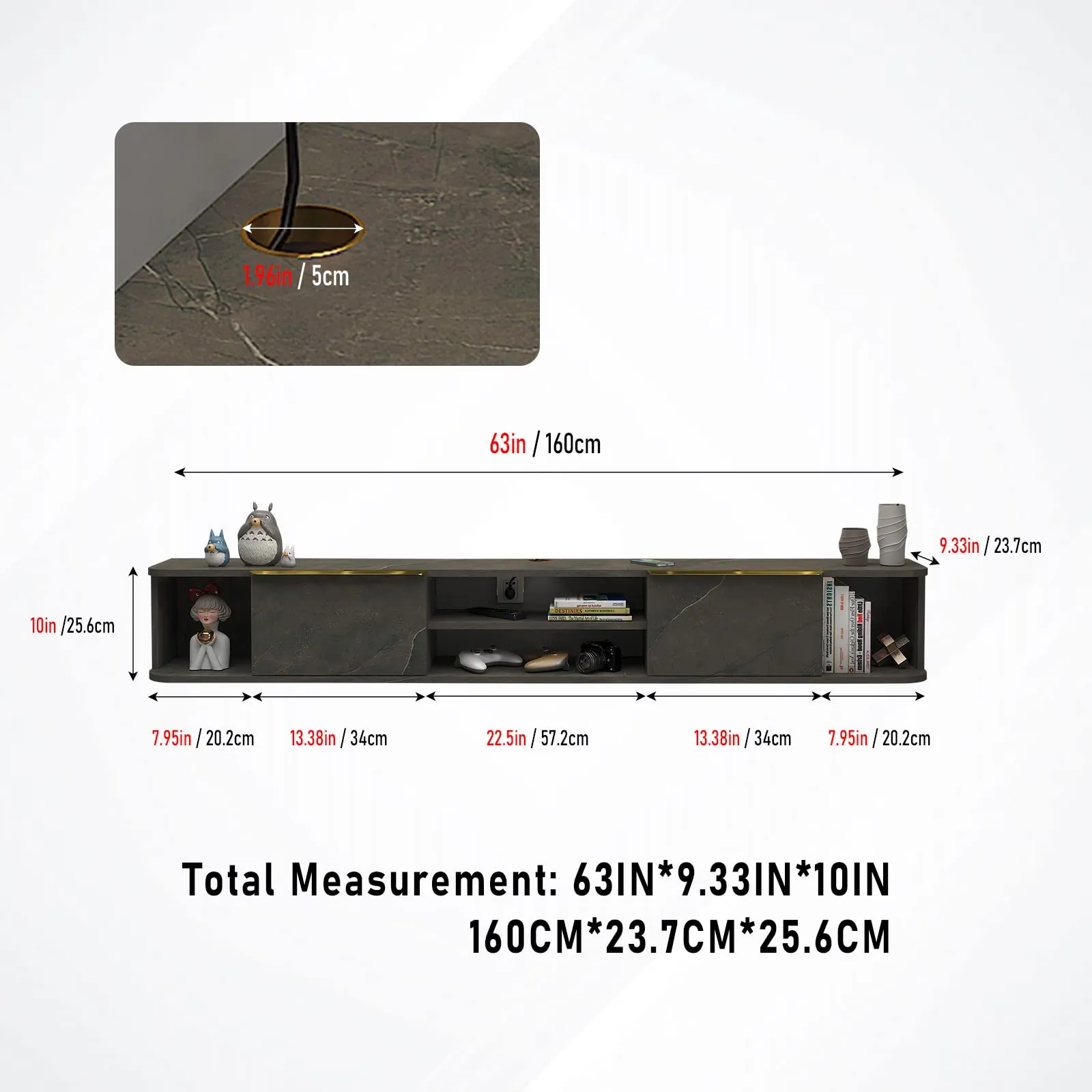 63" Arrangio Floating TV Stand, Marble Grey