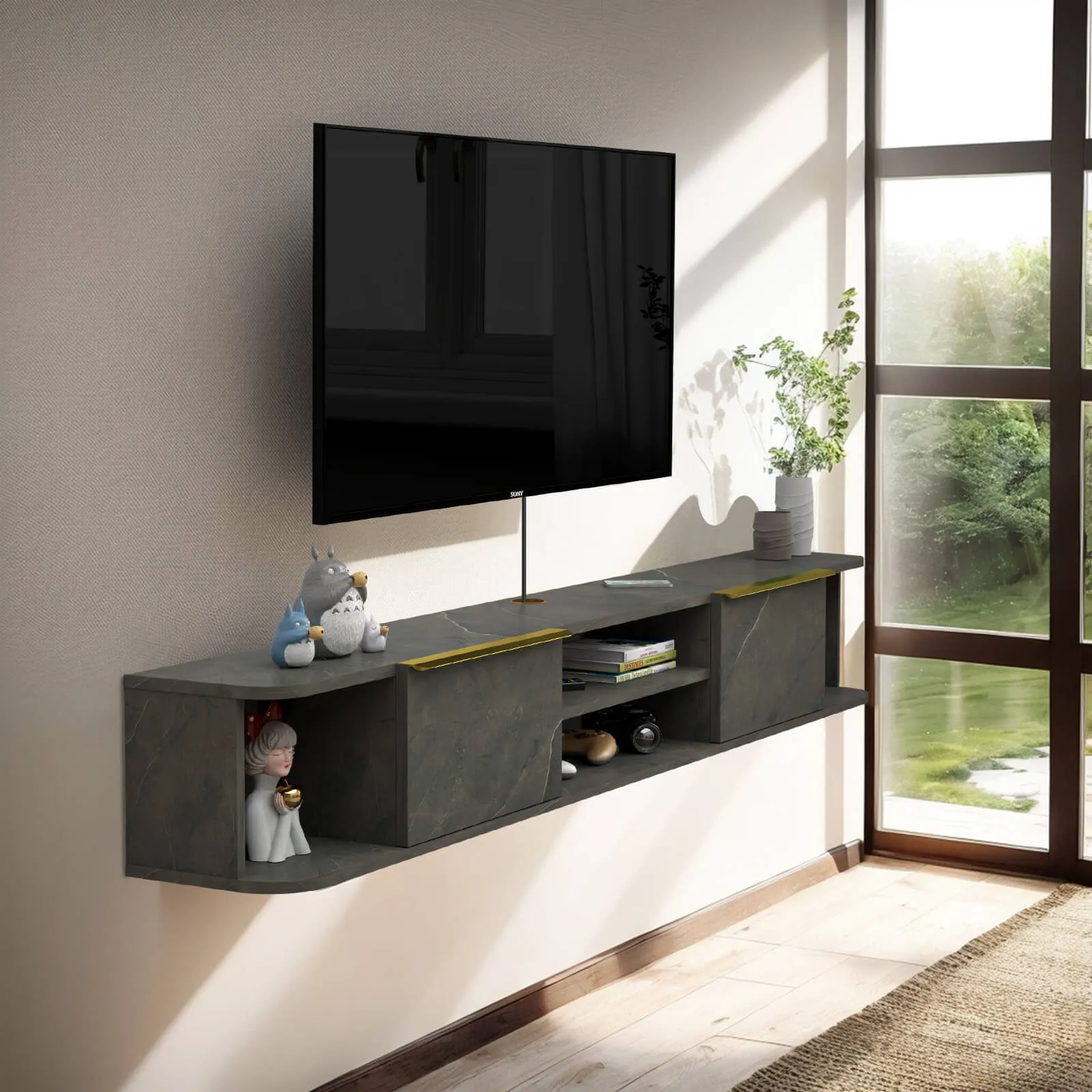 63" Arrangio Floating TV Stand, Marble Grey