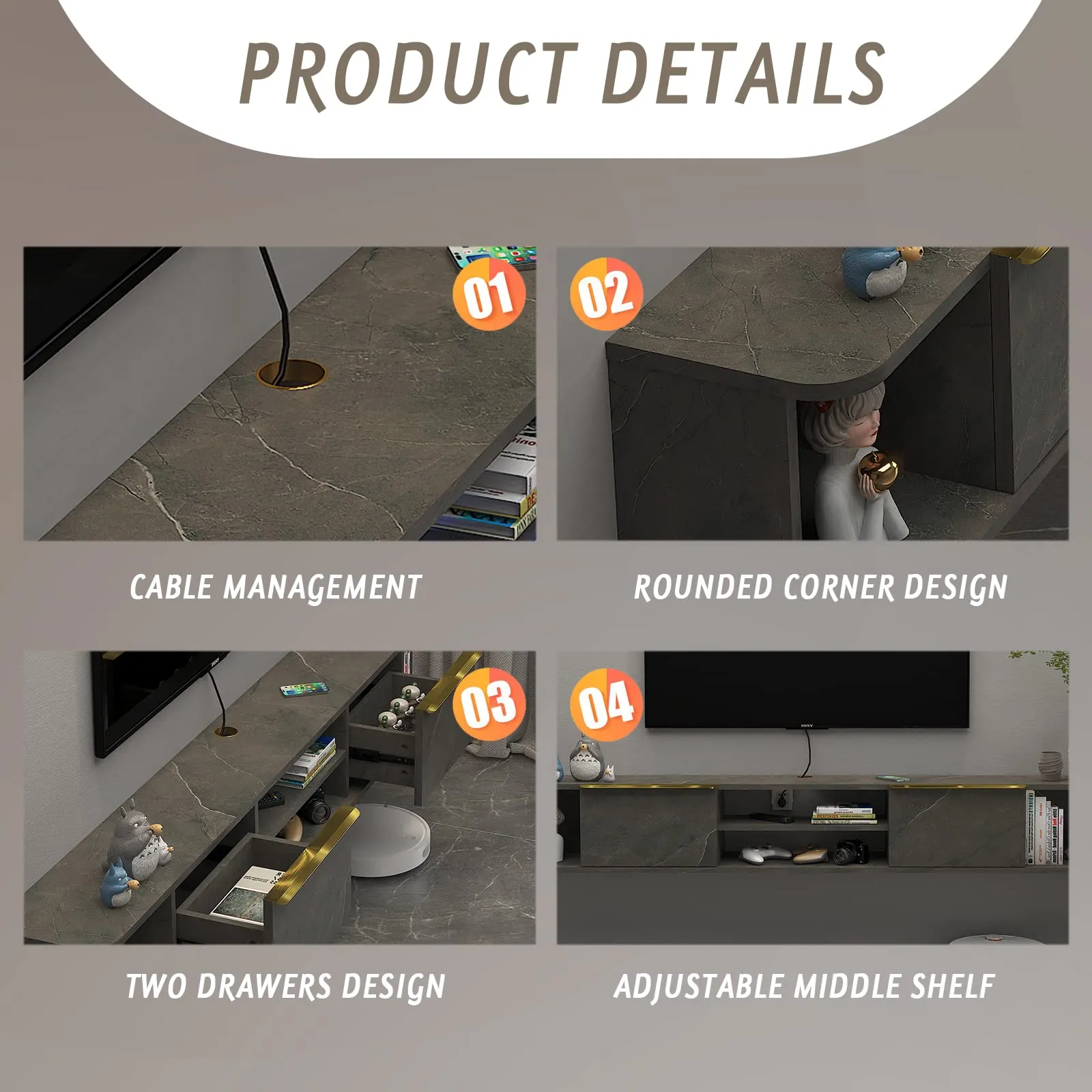 63" Arrangio Floating TV Stand, Marble Grey