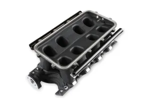 8.2" SBF Ford Hi-Ram EFI Manifold with Side Mount Top-Black 8.2" SBF Ford Hi-Ram Intake Manifold with 95mm 1986-95 Ford 5.0 Throttle Body Flange Side Mount Top. Black