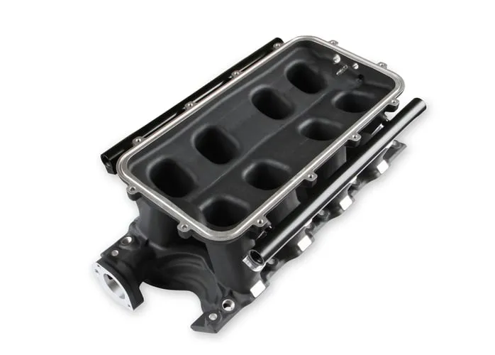 8.2" SBF Ford Hi-Ram EFI Manifold with Side Mount Top-Black 8.2" SBF Ford Hi-Ram Intake Manifold with 95mm 1986-95 Ford 5.0 Throttle Body Flange Side Mount Top. Black