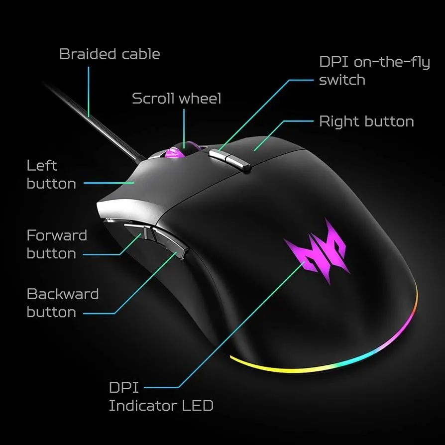 Acer Predator Cestus 330 Gaming Mouse with PixArt 3335 Sensor, Adjustable DPI Settings, 16.8 Million RGB Color Lighting Combinations & NVIDIA Reflex