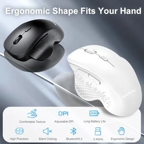 Anycool Wireless Mouse, 2.4GHz Bluetooth Mouse for Laptop, Ergonomic Computer Mouse with USB Receiver, Rechargeable Portable PC Mouse Wireless for Windows Mac PC Notebook (Black)
