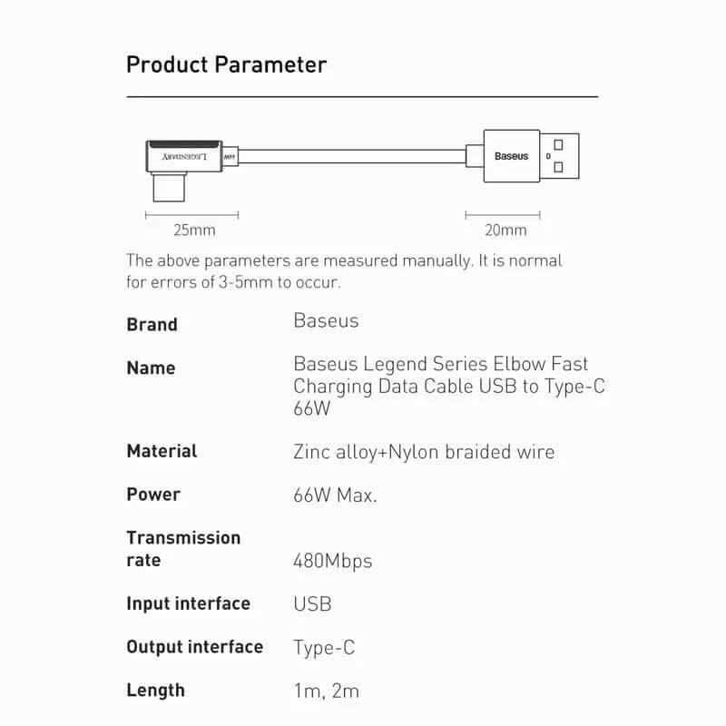BASEUS PD 66W Elbow USB-C Charging Cable (1M) | Legendary Series QC3.0 Type-C L-Shaped Bend Charger Cable