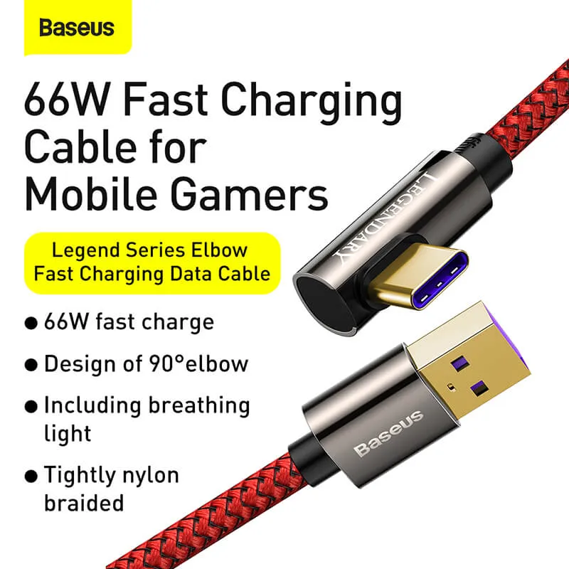BASEUS PD 66W Elbow USB-C Charging Cable (1M) | Legendary Series QC3.0 Type-C L-Shaped Bend Charger Cable
