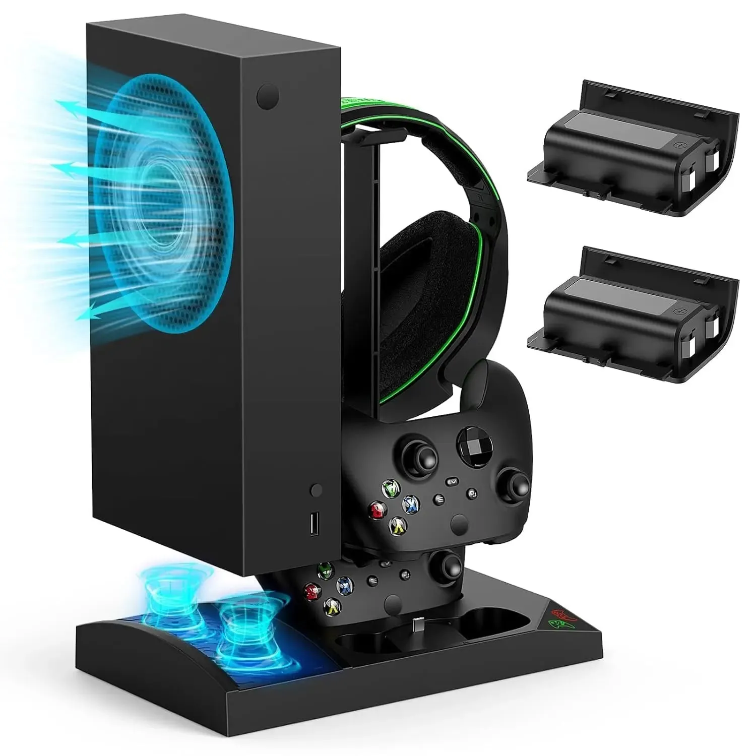 Charger Stand with Cooling Fan for Xbox Series S Console and Controller - Dual Cooler Charging Dock with 2 Rechargeable Batteries, Earphone Mounts, and Protective Brackets and Stands