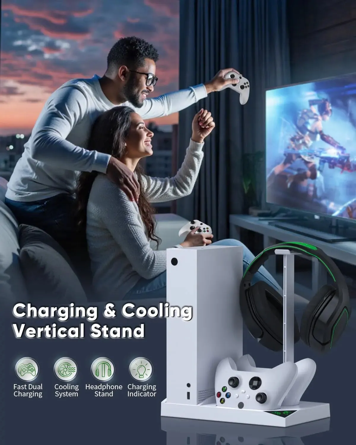 Charger Stand with Cooling Fan for Xbox Series S Console and Controller - Dual Cooler Charging Dock with 2 Rechargeable Batteries, Earphone Mounts, and Protective Brackets and Stands