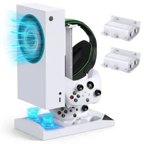 Charger Stand with Cooling Fan for Xbox Series S Console and Controller - Dual Cooler Charging Dock with 2 Rechargeable Batteries, Earphone Mounts, and Protective Brackets and Stands
