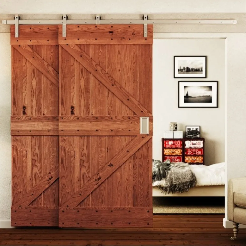 Classic Strap Single-Track Bypass Barn Door Hardware Kit, Brushed Nickel Finish