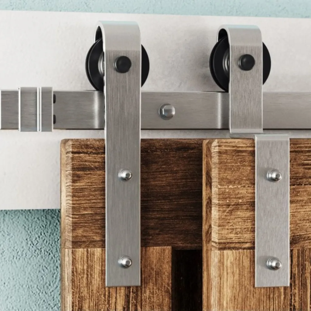 Classic Strap Single-Track Bypass Barn Door Hardware Kit, Brushed Nickel Finish