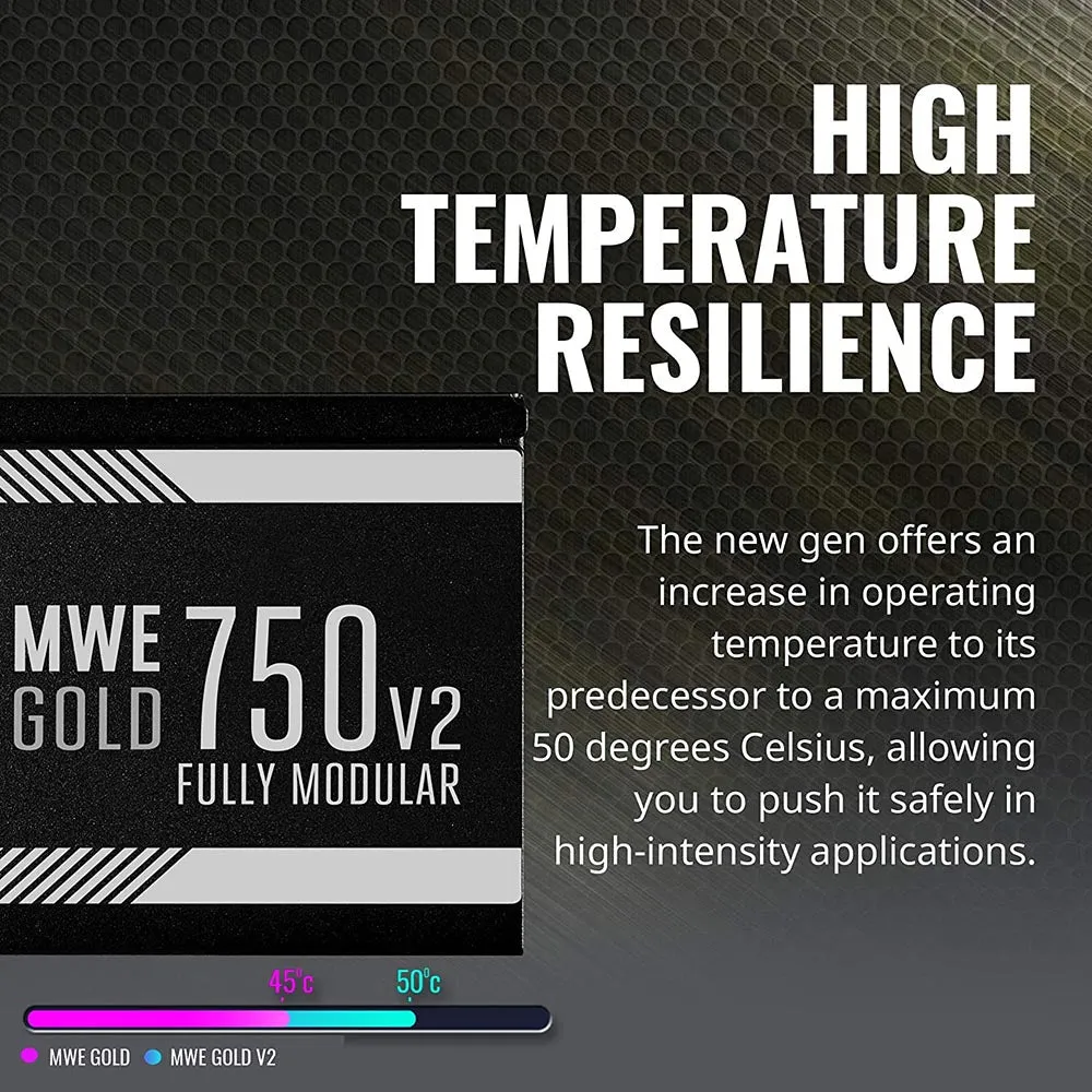 Cooler Master MWE Gold 750 V2 Full Modular, 750W, 80  Gold Efficiency, 2 EPS Connectors, 120mm HDB Fan, Semi-fanless Operation
