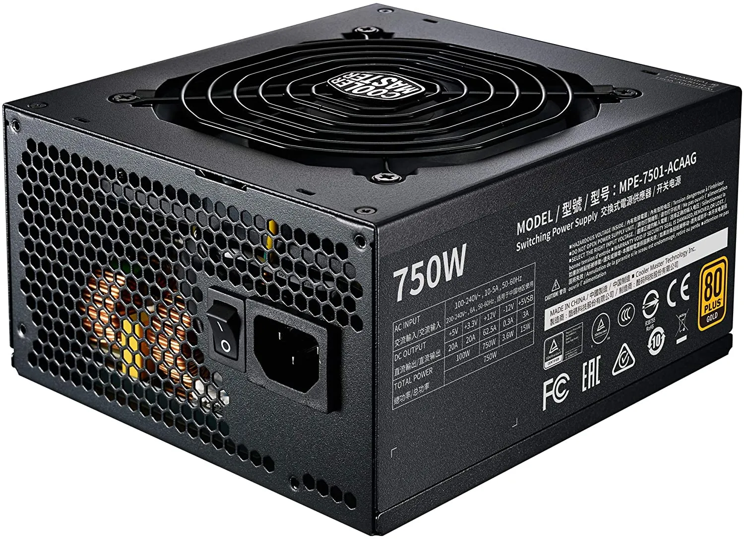 Cooler Master MWE Gold 750 V2 Full Modular, 750W, 80  Gold Efficiency, 2 EPS Connectors, 120mm HDB Fan, Semi-fanless Operation