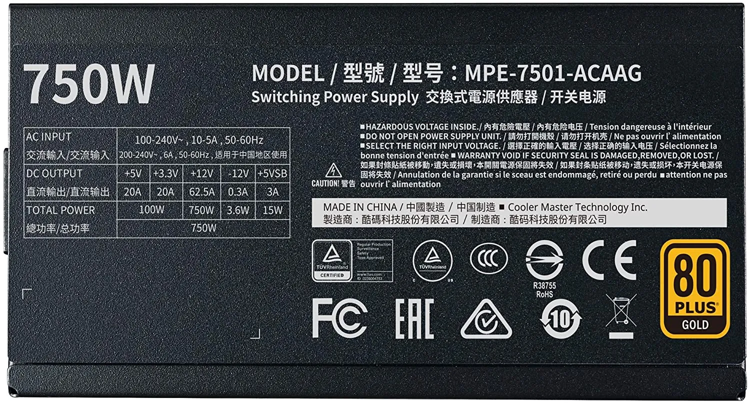 Cooler Master MWE Gold 750 V2 Full Modular, 750W, 80  Gold Efficiency, 2 EPS Connectors, 120mm HDB Fan, Semi-fanless Operation