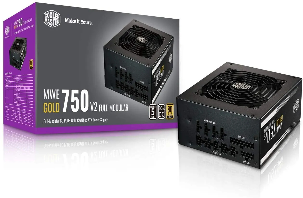 Cooler Master MWE Gold 750 V2 Full Modular, 750W, 80  Gold Efficiency, 2 EPS Connectors, 120mm HDB Fan, Semi-fanless Operation