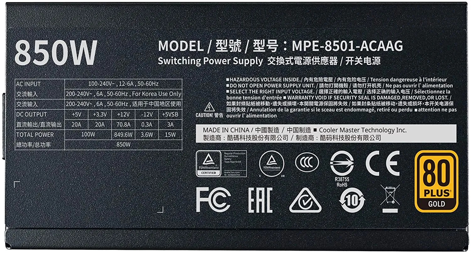 Cooler Master MWE Gold 850 V2 Full Modular, 850W, 80  Gold Efficiency, 2 EPS Connectors, 120mm HDB Fan, Semi-fanless Operation