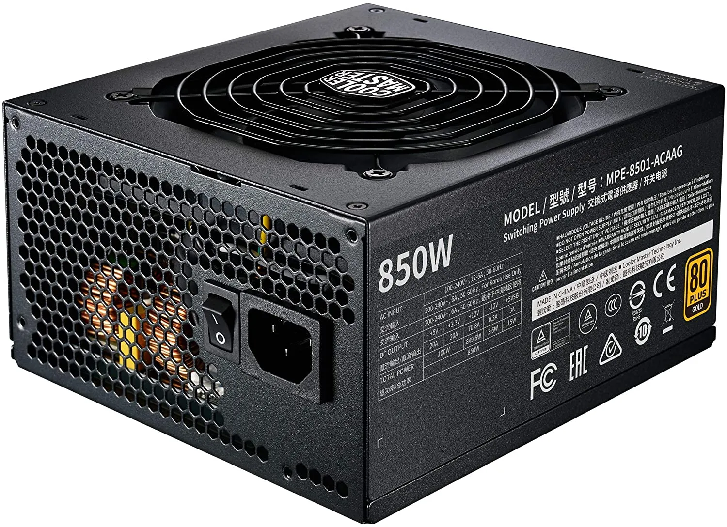 Cooler Master MWE Gold 850 V2 Full Modular, 850W, 80  Gold Efficiency, 2 EPS Connectors, 120mm HDB Fan, Semi-fanless Operation