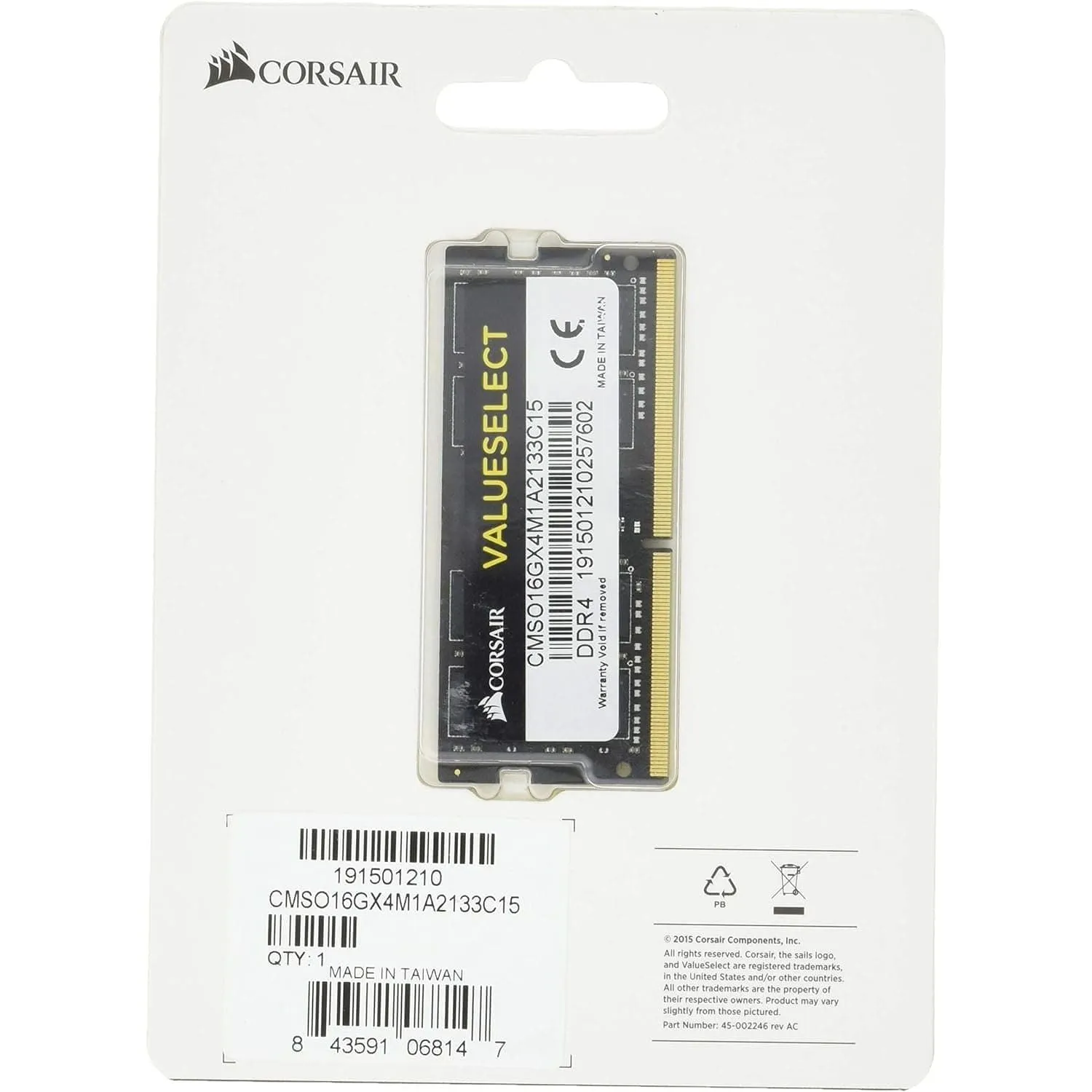 Corsair Value Select SODIMM 16GB (1x16GB) DDR4 2133MHz C15 Memory for Laptop/Notebooks - Black