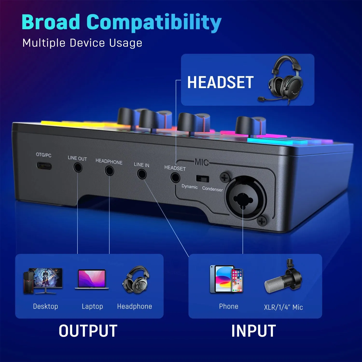 FIFINE 4-Channel RGB Gaming Audio Mixer with XLR Mic Interface