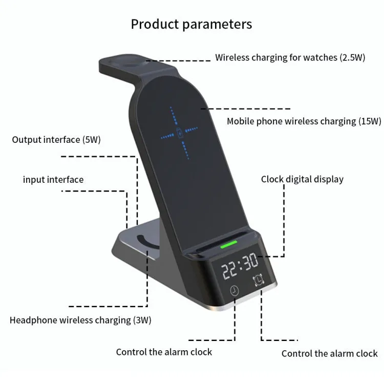 H36 6 in 1 15W Alarm Clock Digital Display Magsafe Magnetic Wireless Charger for Mobile Phones / AirPods / iWatch