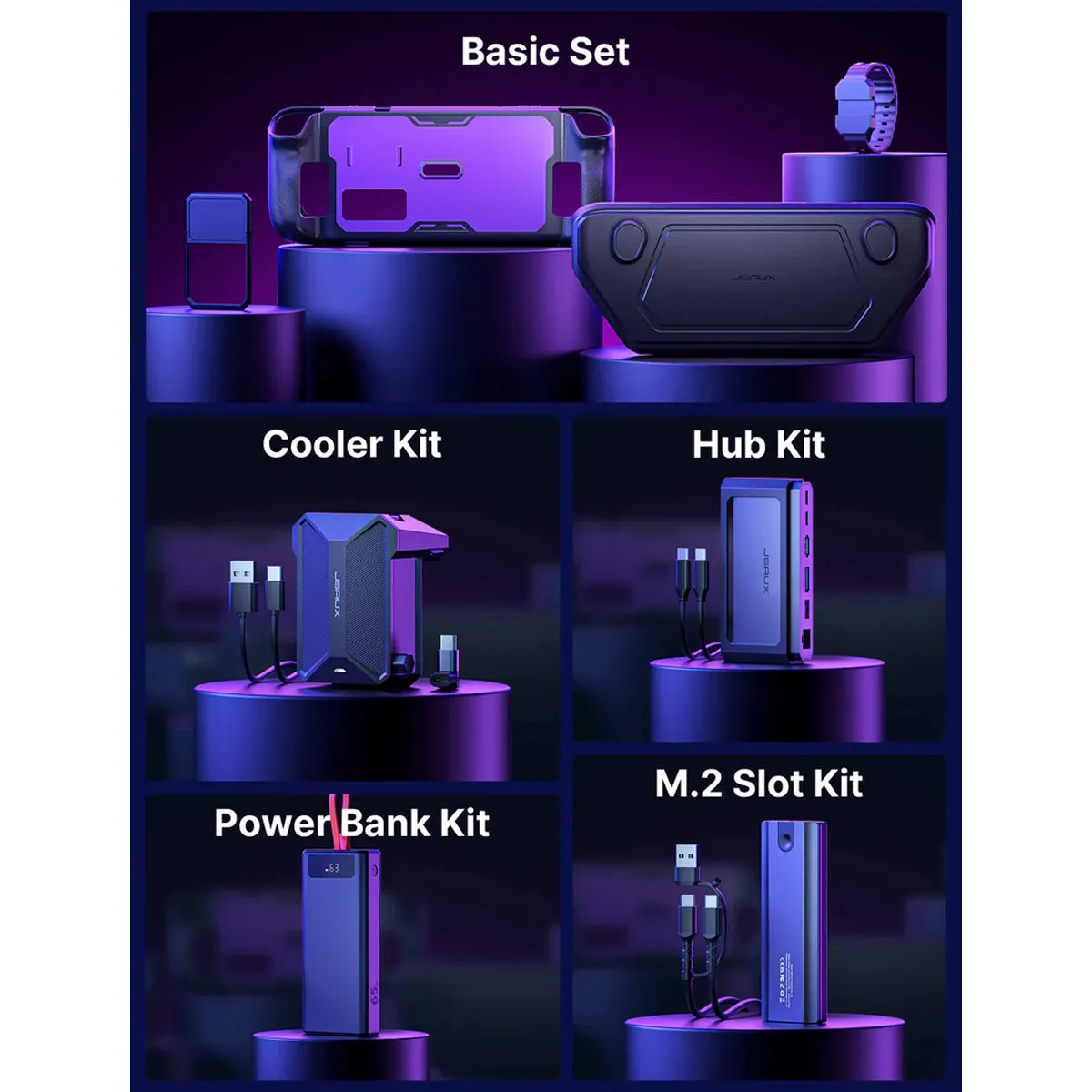 JSAUX ModCase for Steam Deck/ Steam Deck OLED (Black) (PC0104) (Basic Set, Cooler Kit, Hub Kit, Power Bank Kit)