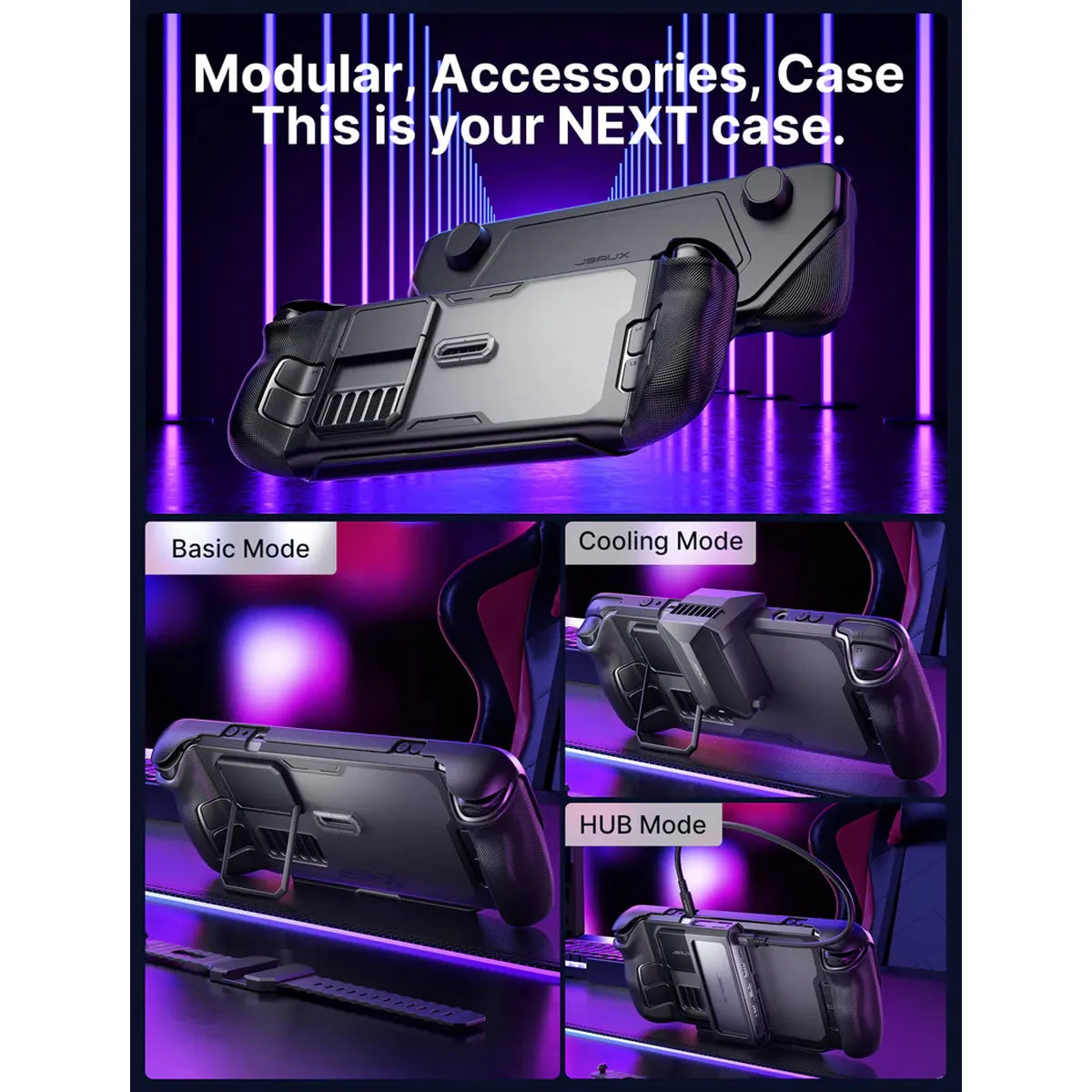 JSAUX ModCase for Steam Deck/ Steam Deck OLED (Black) (PC0104) (Basic Set, Cooler Kit, Hub Kit, Power Bank Kit)