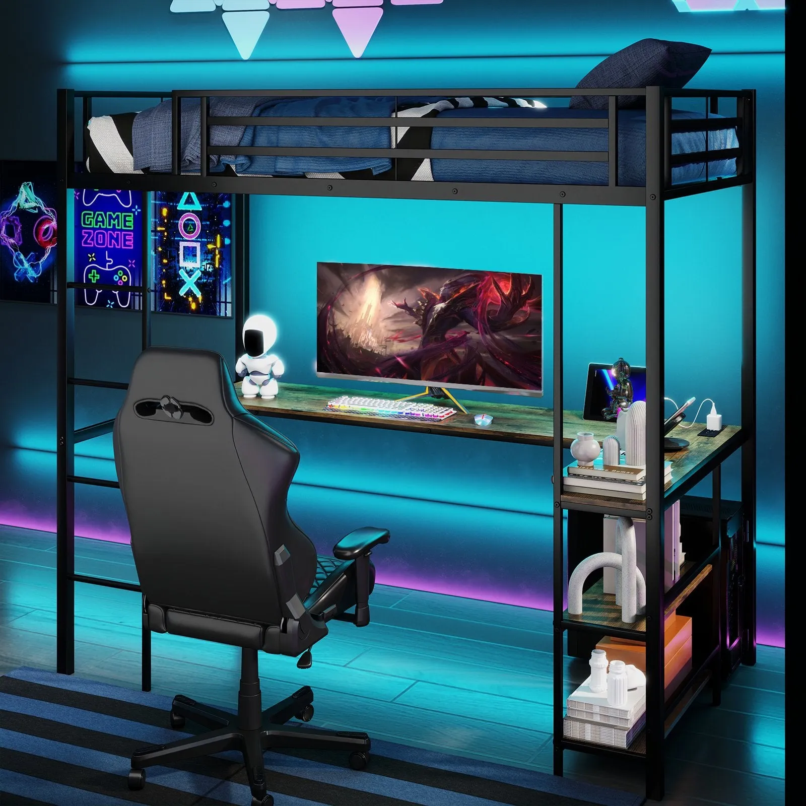 Loft Single Platform Bed with Desk LED Charging Station and Storage