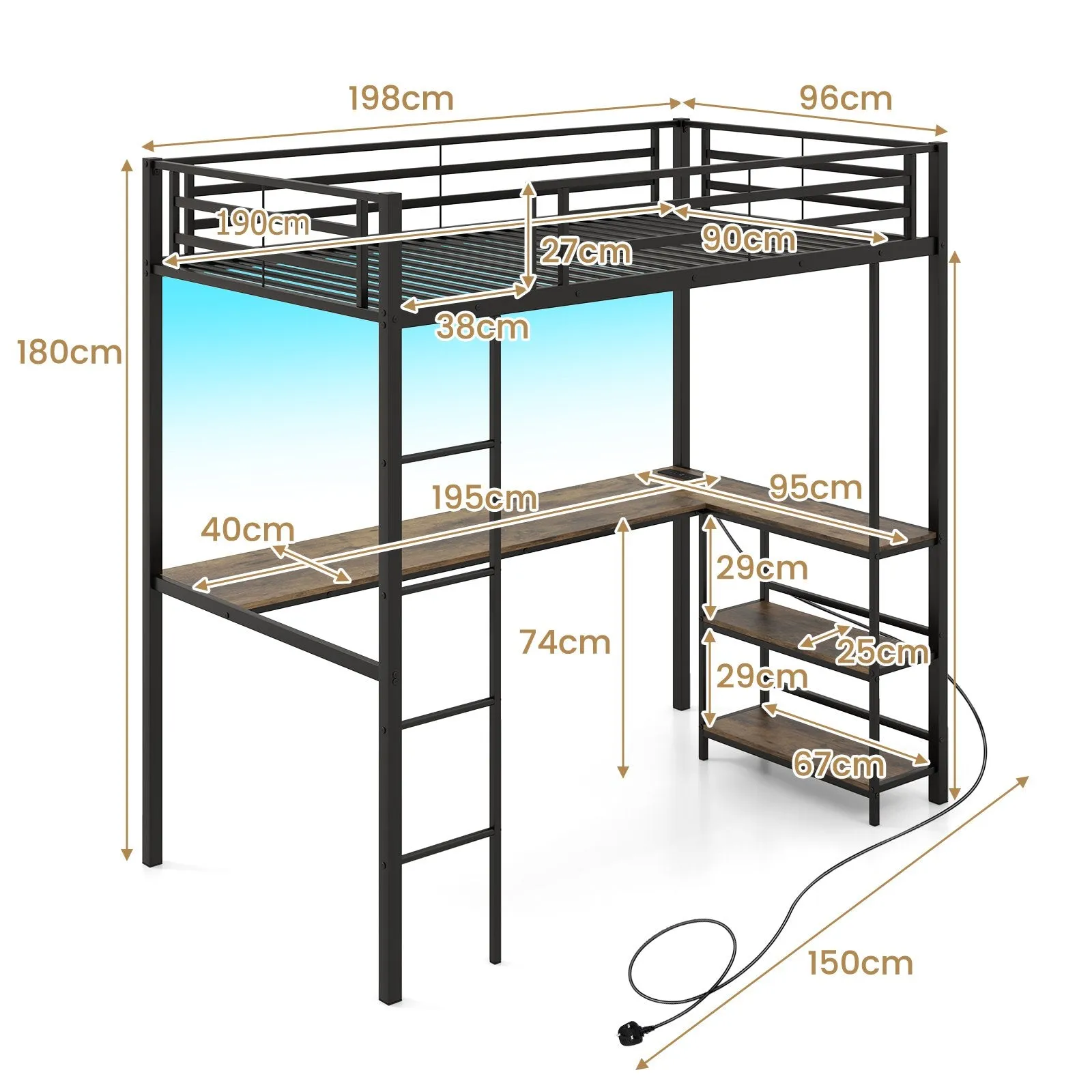 Loft Single Platform Bed with Desk LED Charging Station and Storage