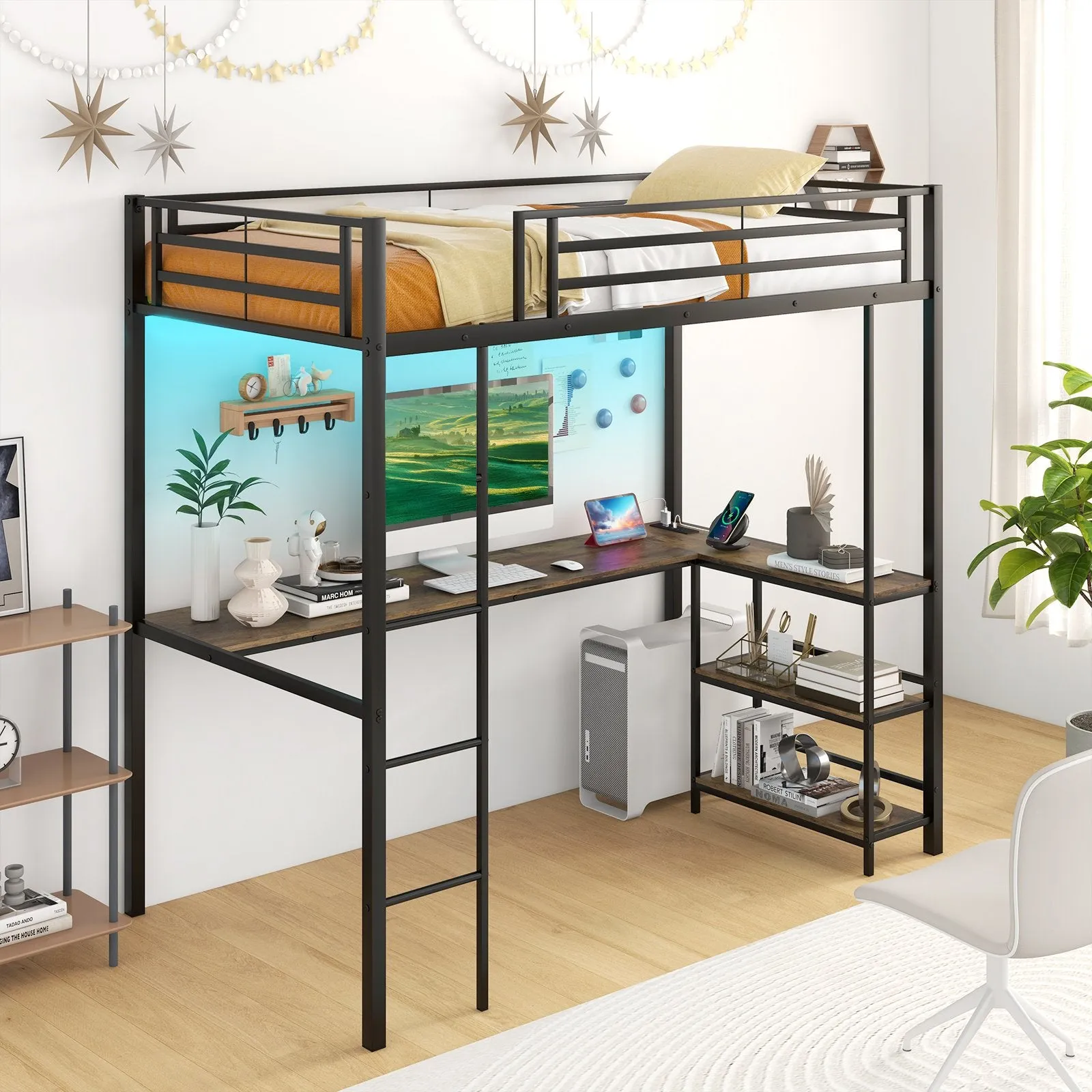 Loft Single Platform Bed with Desk LED Charging Station and Storage