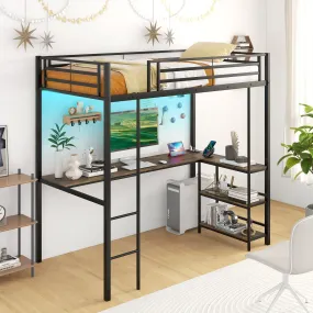 Loft Single Platform Bed with Desk LED Charging Station and Storage