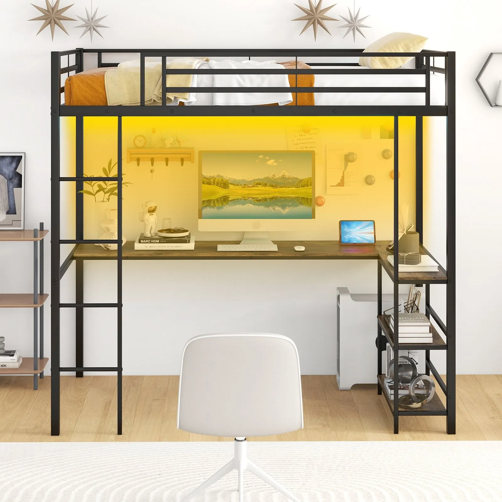 Loft Single Platform Bed with Desk LED Charging Station and Storage