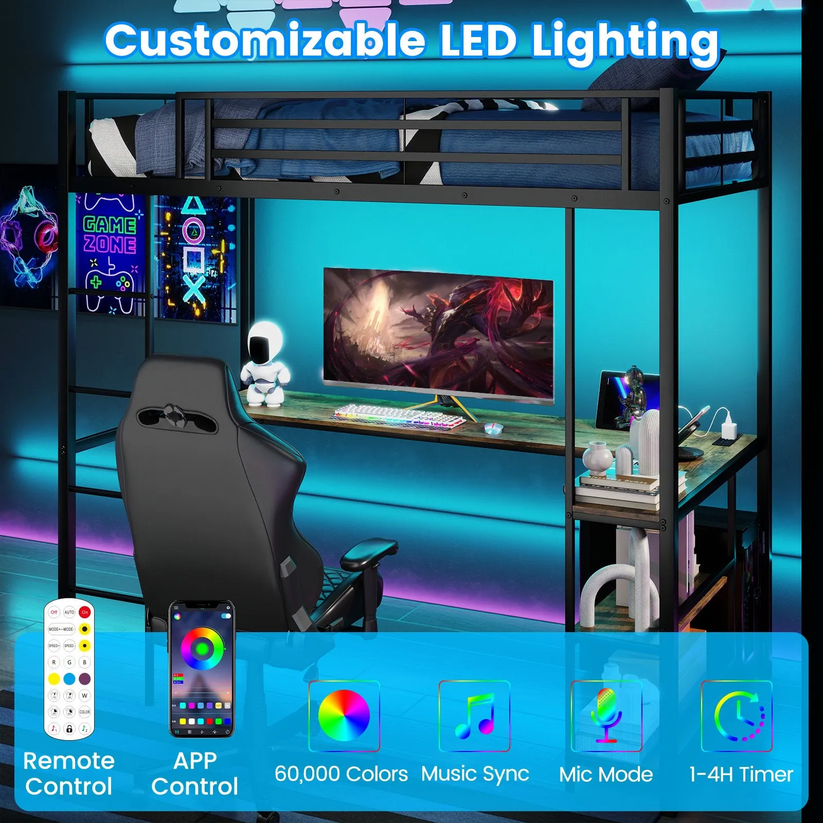 Loft Single Platform Bed with Desk LED Charging Station and Storage