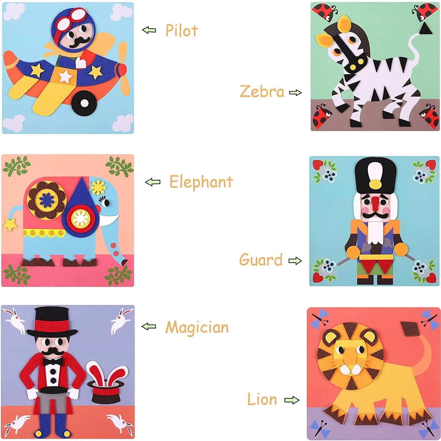 Mobee Fuzzy Felt Picture Sticky Mosaics 6 Templates DIY Craft Kits Art Training Sticker for Kids
