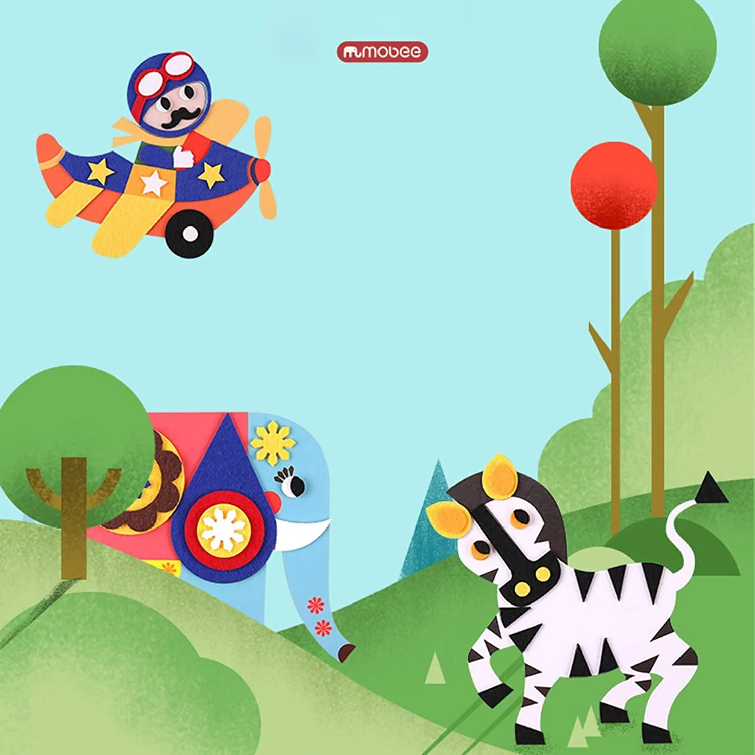 Mobee Fuzzy Felt Picture Sticky Mosaics 6 Templates DIY Craft Kits Art Training Sticker for Kids