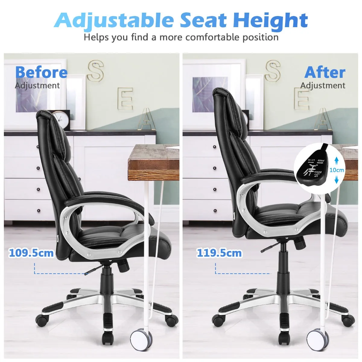 NNECW Height Adjustable Leather Executive Chair with Padded Armrest for Office