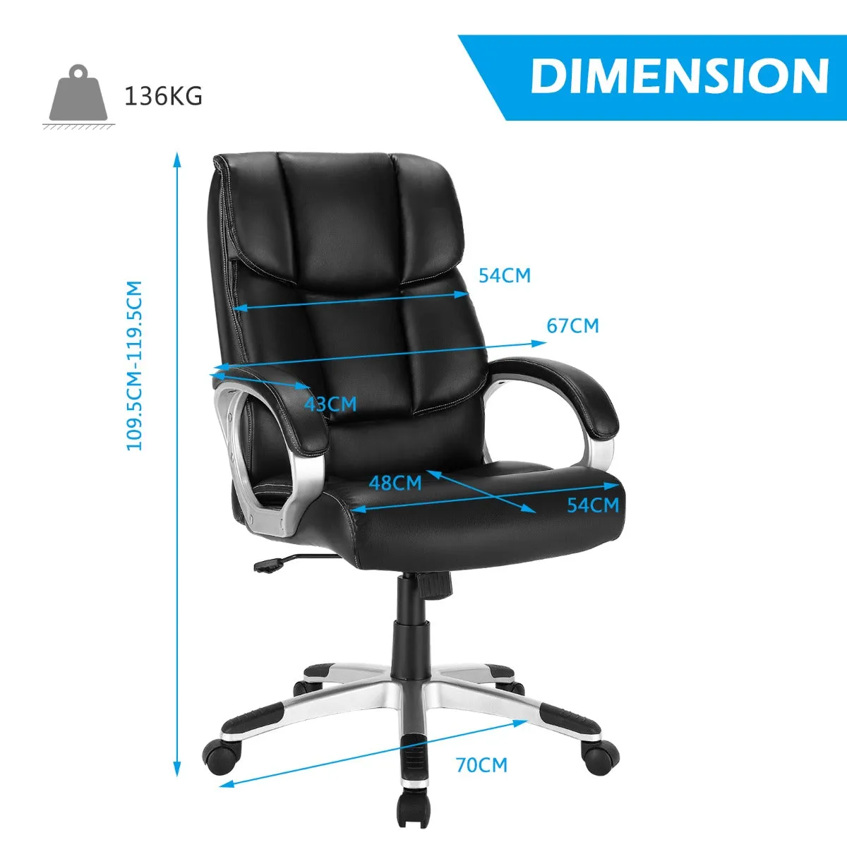 NNECW Height Adjustable Leather Executive Chair with Padded Armrest for Office