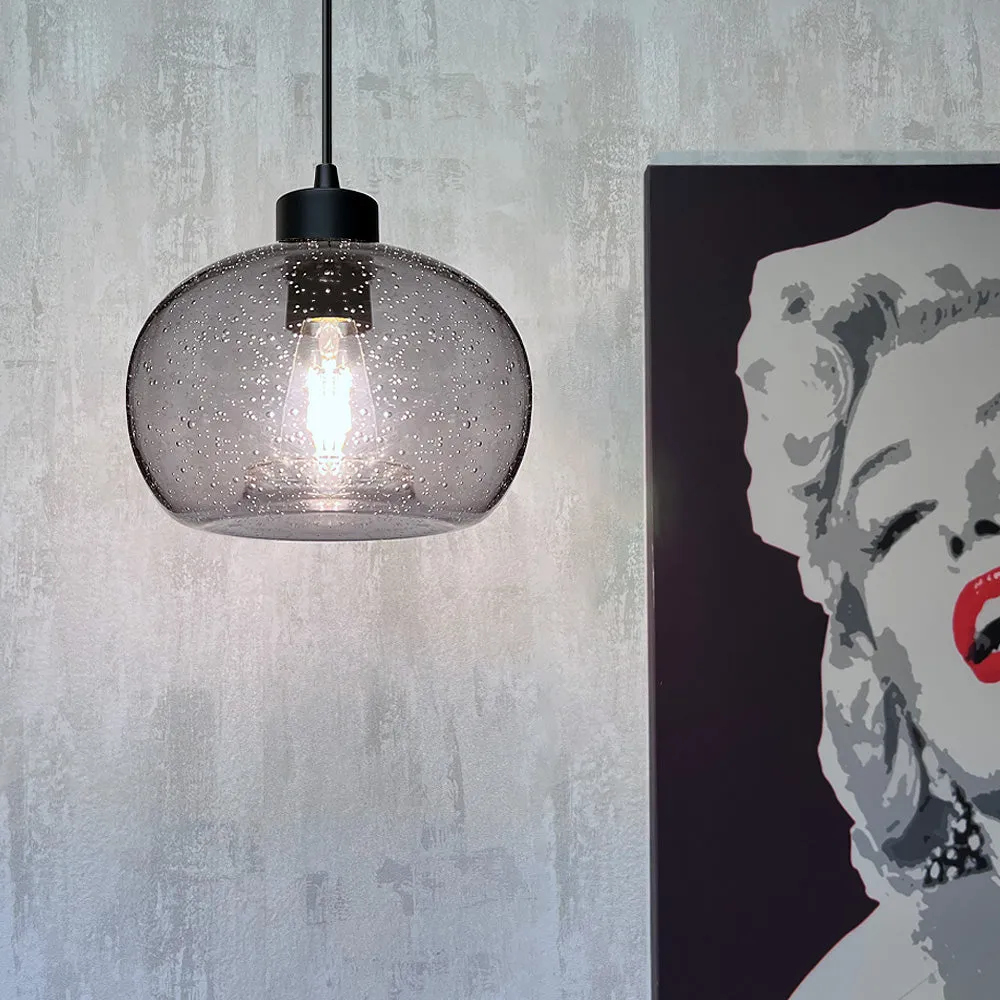 OPEN BOX Artisan, Hand-Blown Smoked Seeded Glass Matte Black Instant Pendant Recessed Can Conversion Kit