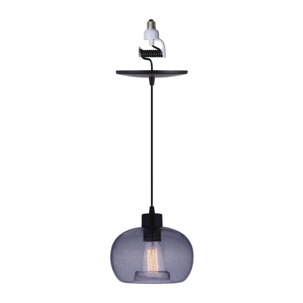 OPEN BOX Artisan, Hand-Blown Smoked Seeded Glass Matte Black Instant Pendant Recessed Can Conversion Kit