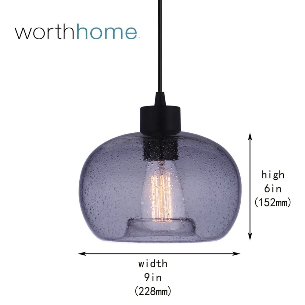OPEN BOX Artisan, Hand-Blown Smoked Seeded Glass Matte Black Instant Pendant Recessed Can Conversion Kit