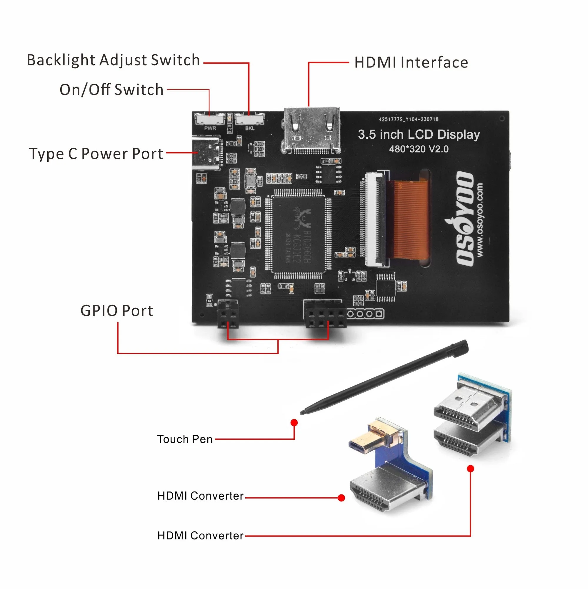 OSOYOO 3.5" HDMI Touch Screen with plastic protective case for Raspberry PI  5 4  3 Model B B 