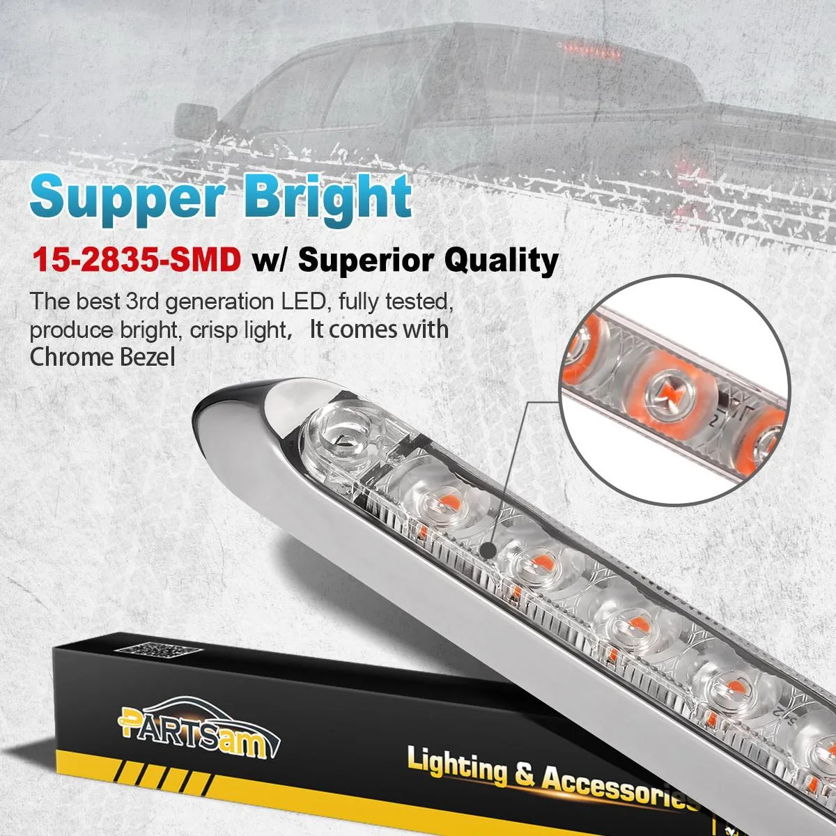 Partsam 2Pcs 12inch Red Led Trailer Tail Light Bar 15-2835-SMD Clear Lens w Chrome Bezel Waterproof Sealed Thin Stop/Turn/Tail ID Marker Third 3rd Brake Tail Light Bar for Truck Trailer RV Surface Mount