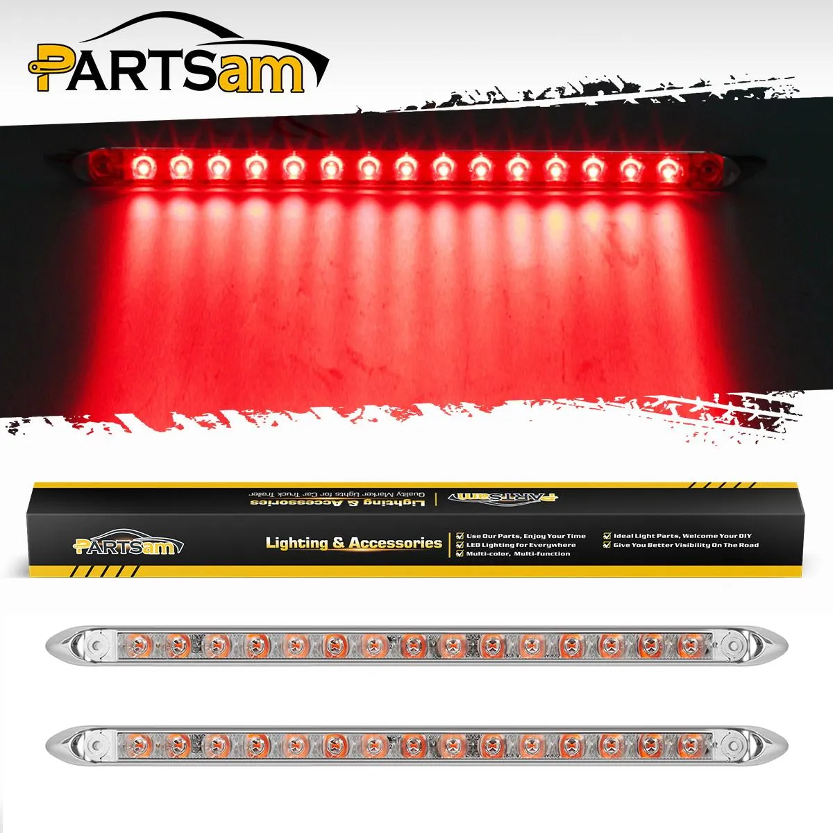 Partsam 2Pcs 12inch Red Led Trailer Tail Light Bar 15-2835-SMD Clear Lens w Chrome Bezel Waterproof Sealed Thin Stop/Turn/Tail ID Marker Third 3rd Brake Tail Light Bar for Truck Trailer RV Surface Mount