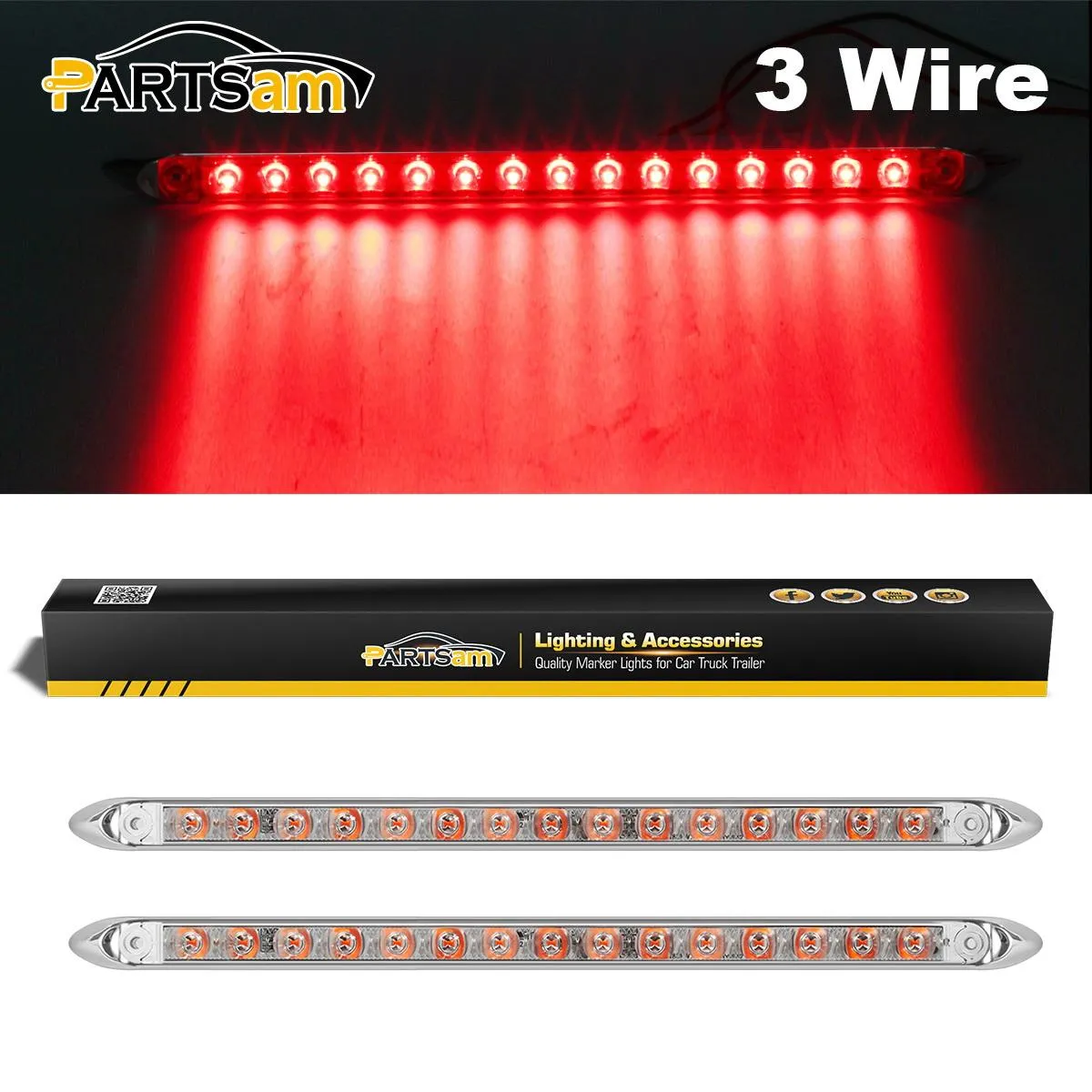 Partsam 2Pcs 12inch Red Led Trailer Tail Light Bar 15-2835-SMD Clear Lens w Chrome Bezel Waterproof Sealed Thin Stop/Turn/Tail ID Marker Third 3rd Brake Tail Light Bar for Truck Trailer RV Surface Mount