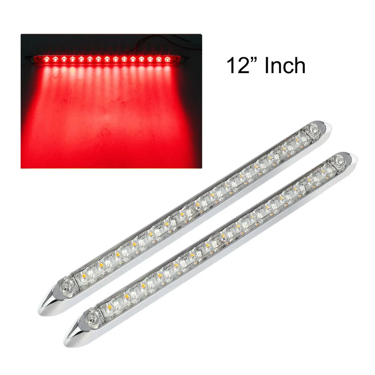 Partsam 2Pcs 12inch Red Led Trailer Tail Light Bar 15-2835-SMD Clear Lens w Chrome Bezel Waterproof Sealed Thin Stop/Turn/Tail ID Marker Third 3rd Brake Tail Light Bar for Truck Trailer RV Surface Mount