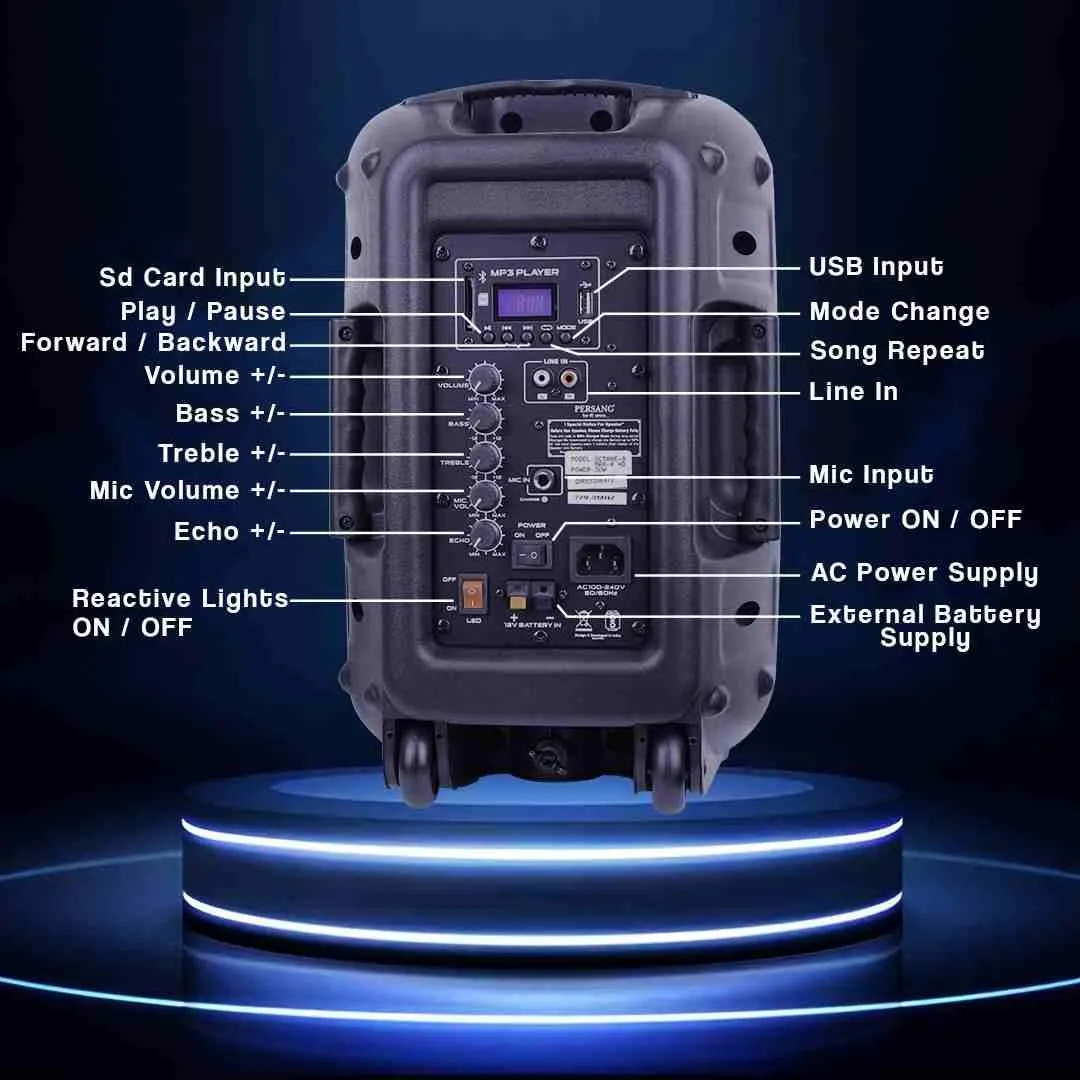Persang Octane 9(8) Trolley Speaker 30 Watts RMS with UHF Wireless Mic, Upto 4 Hrs Playtime Supports Guitar | 20.32 CM Woofers with Remote Controls for Mic, AUX Connectivity | 1 Year Warranty